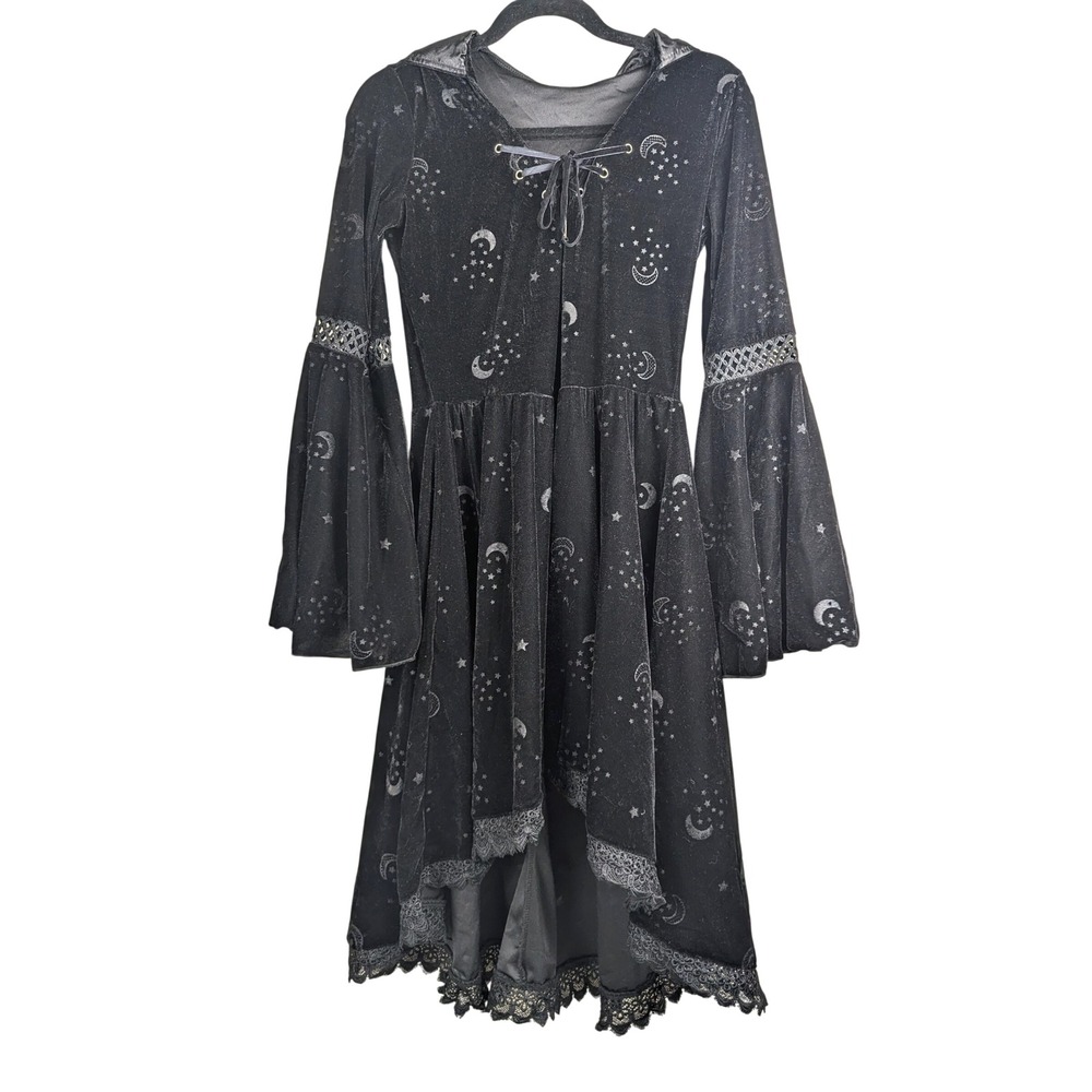 S Spirit Halloween Celestial Velvet Hooded Dress Black Silver Moon Star Witchy